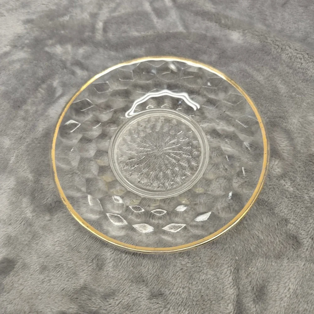 Vintage Clear Pressed Glass Saucer Gold Rim Diamond‎ Point Honeycomb Pattern 6